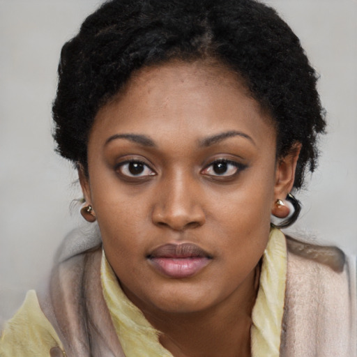 Neutral black young-adult female with medium  brown hair and brown eyes