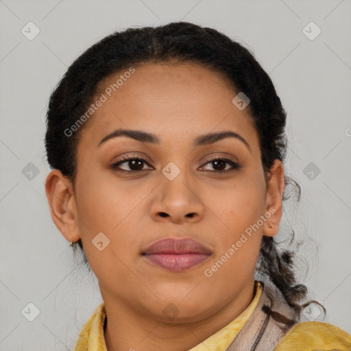 Joyful latino young-adult female with long  brown hair and brown eyes