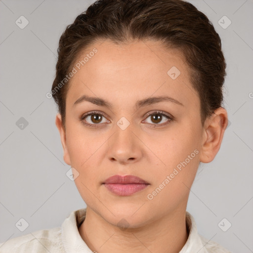 Neutral white young-adult female with short  brown hair and brown eyes