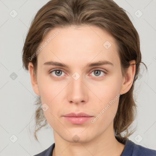 Neutral white young-adult female with medium  brown hair and grey eyes