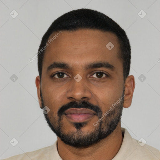 Neutral black young-adult male with short  black hair and brown eyes