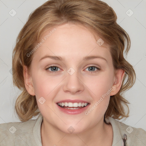 Joyful white young-adult female with medium  brown hair and blue eyes