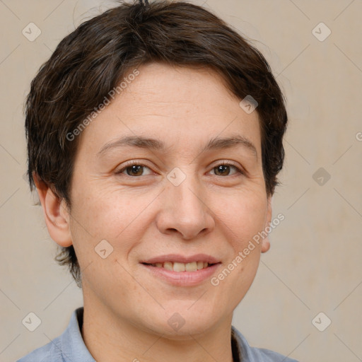 Joyful white adult female with short  brown hair and brown eyes