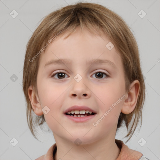 Joyful white child female with medium  brown hair and brown eyes