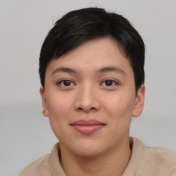 Joyful asian young-adult female with short  brown hair and brown eyes