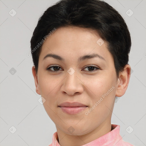 Joyful asian young-adult female with short  brown hair and brown eyes