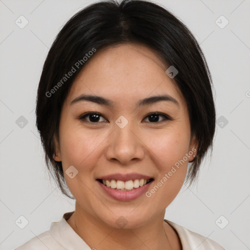 Joyful white young-adult female with medium  brown hair and brown eyes