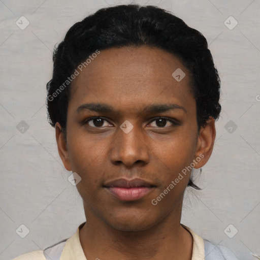 Neutral black young-adult male with short  black hair and brown eyes