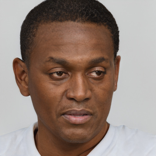 Joyful black young-adult male with short  brown hair and brown eyes