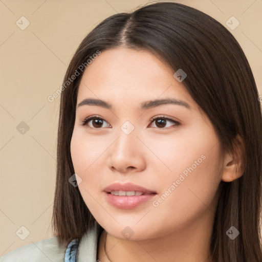 Neutral white young-adult female with long  brown hair and brown eyes