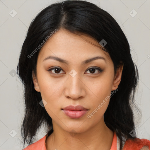 Neutral latino young-adult female with medium  black hair and brown eyes