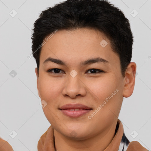 Joyful white young-adult female with short  brown hair and brown eyes