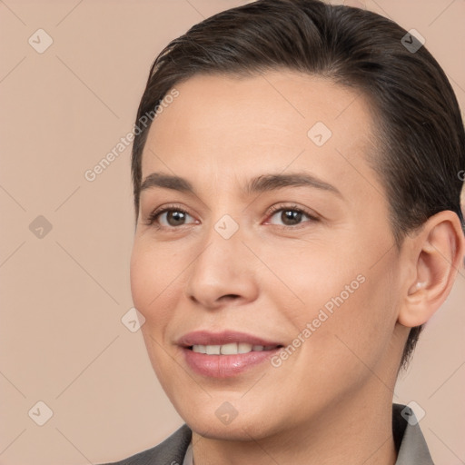 Joyful white young-adult female with short  brown hair and brown eyes