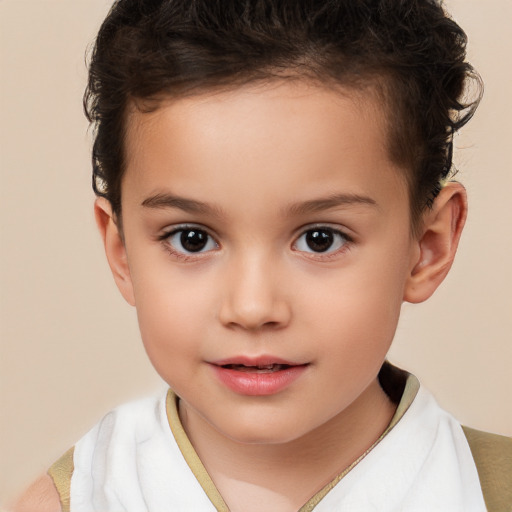 Joyful white child female with short  brown hair and brown eyes