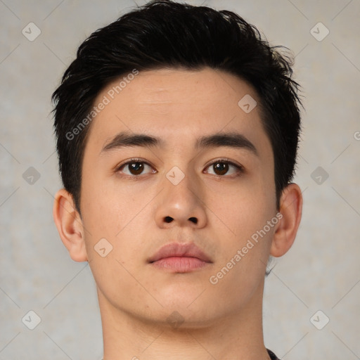 Neutral asian young-adult male with short  black hair and brown eyes