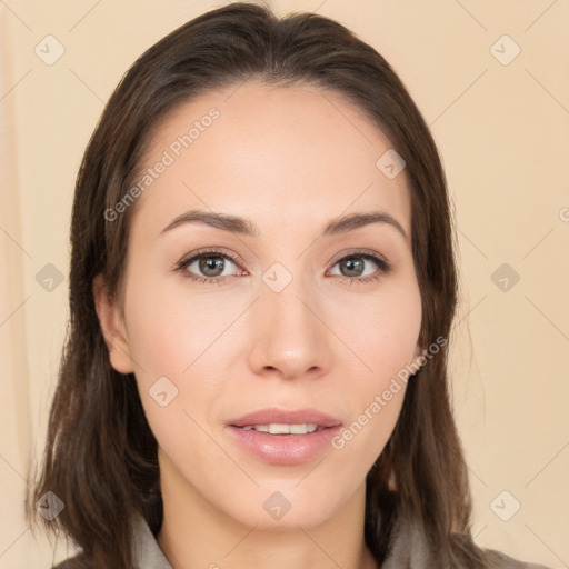 Neutral white young-adult female with long  brown hair and brown eyes