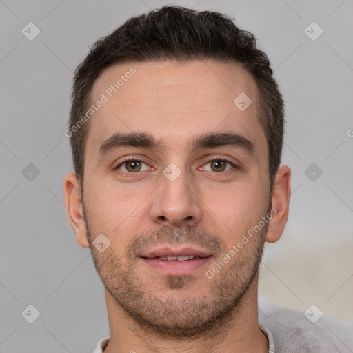 Neutral white young-adult male with short  brown hair and brown eyes