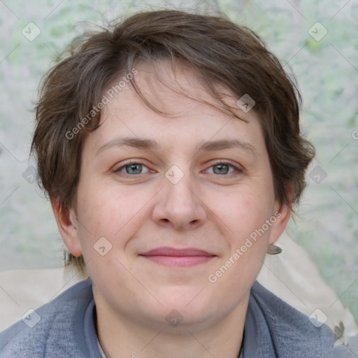 Joyful white young-adult female with medium  brown hair and blue eyes