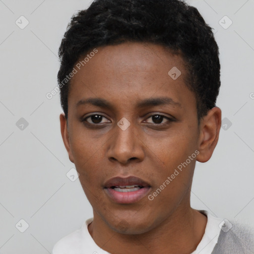 Neutral black young-adult female with short  black hair and brown eyes