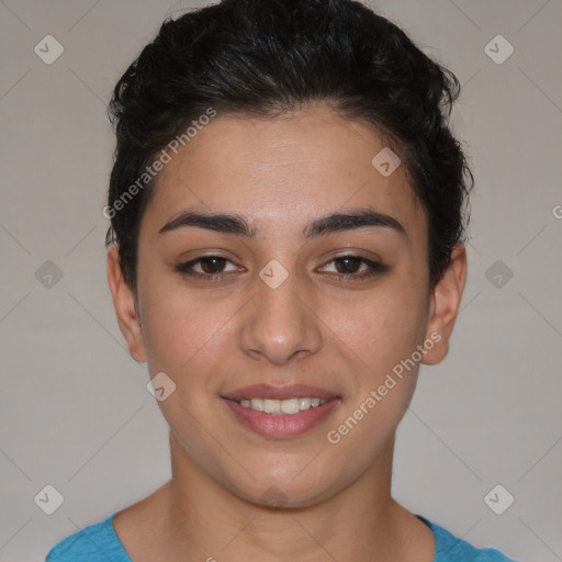 Joyful white young-adult female with short  brown hair and brown eyes