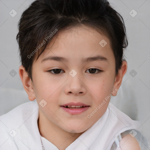 Joyful white child female with short  brown hair and brown eyes