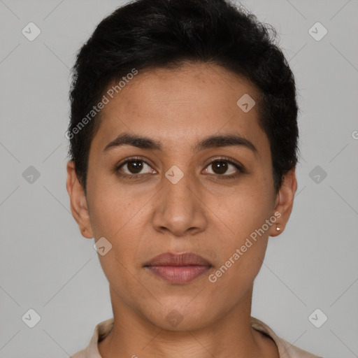 Joyful latino young-adult female with short  brown hair and brown eyes