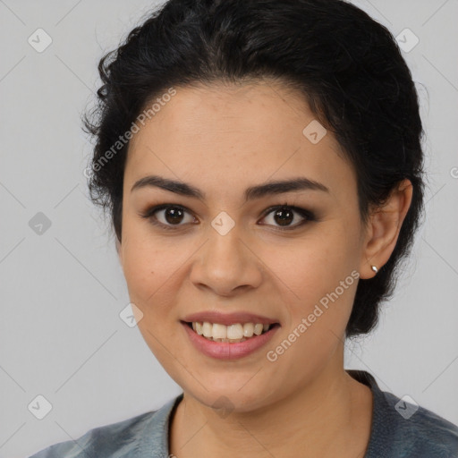 Joyful latino young-adult female with medium  black hair and brown eyes