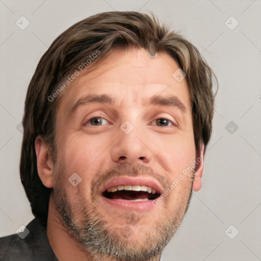 Joyful white adult male with short  brown hair and grey eyes