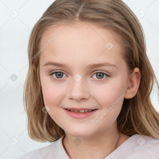 Joyful white child female with medium  brown hair and brown eyes