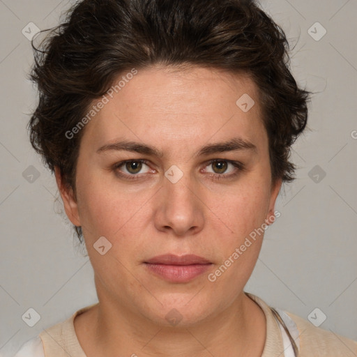 Neutral white young-adult female with short  brown hair and brown eyes