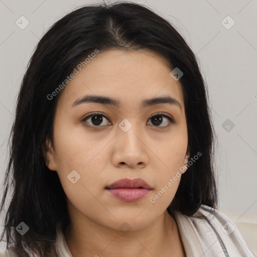 Neutral asian young-adult female with medium  brown hair and brown eyes