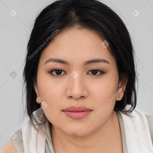 Joyful asian young-adult female with medium  brown hair and brown eyes