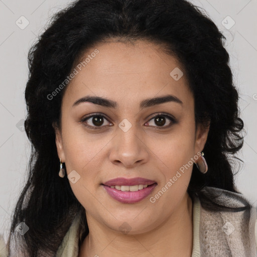 Joyful latino young-adult female with long  brown hair and brown eyes