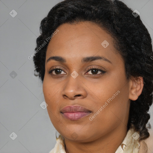 Joyful black young-adult female with medium  brown hair and brown eyes