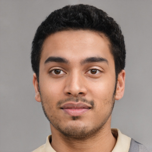 Neutral latino young-adult male with short  black hair and brown eyes