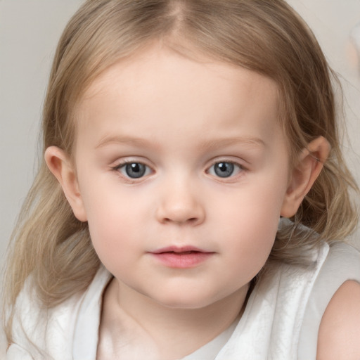 Neutral white child female with medium  brown hair and blue eyes