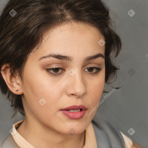 Neutral white young-adult female with medium  brown hair and brown eyes