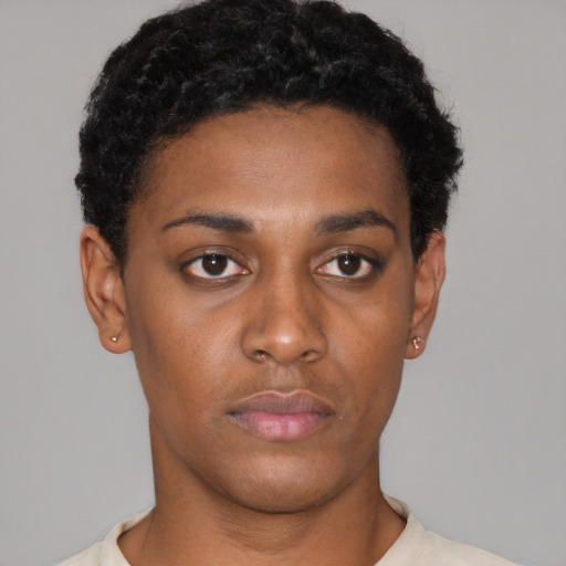 Neutral latino young-adult female with short  black hair and brown eyes