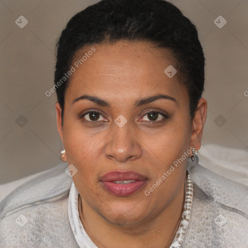 Joyful black adult female with short  brown hair and brown eyes