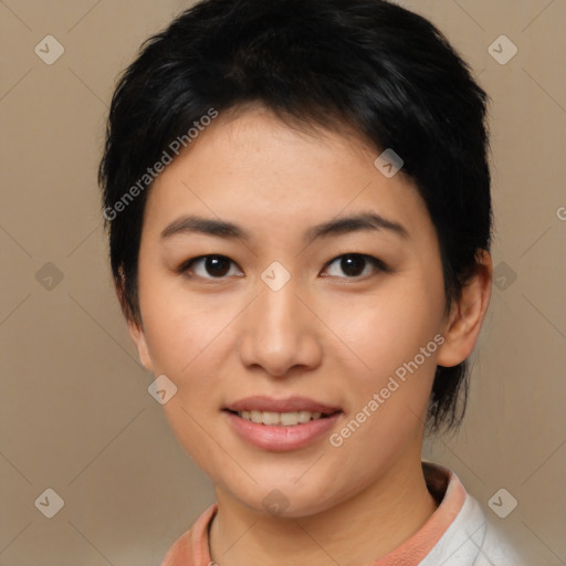 Joyful asian young-adult female with medium  black hair and brown eyes