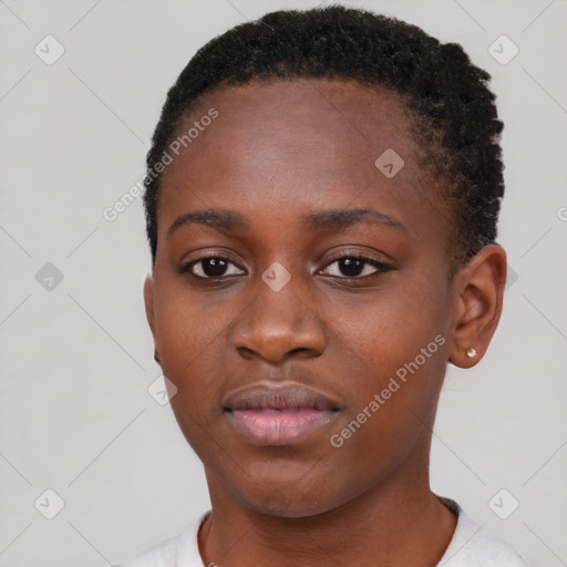 Neutral black young-adult female with short  black hair and brown eyes