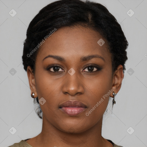 Neutral black young-adult female with short  black hair and brown eyes