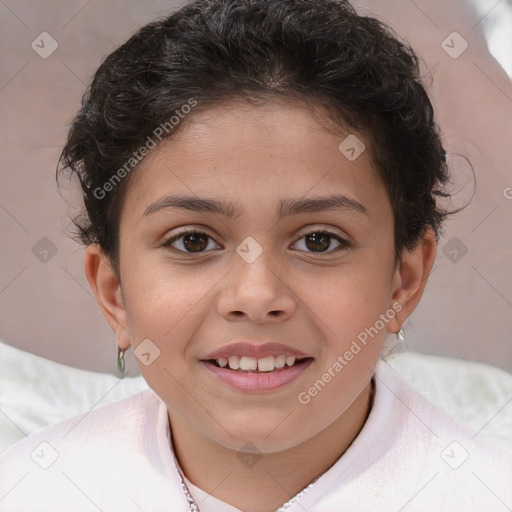 Joyful white child female with medium  brown hair and brown eyes