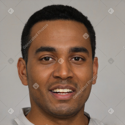 Joyful black young-adult male with short  black hair and brown eyes