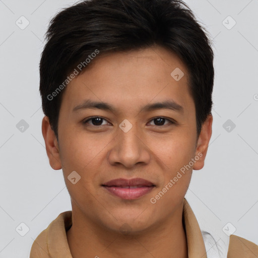 Joyful asian young-adult male with short  brown hair and brown eyes