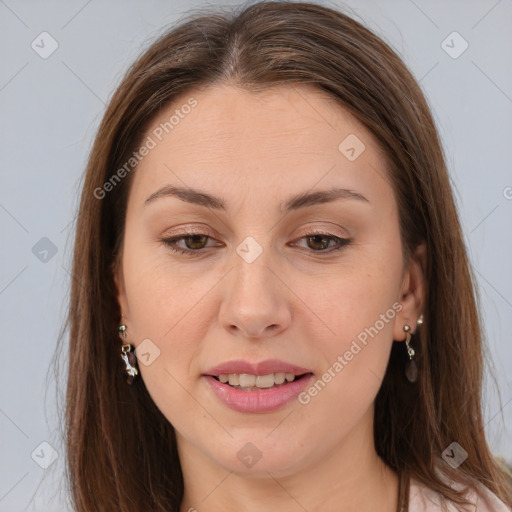 Joyful white young-adult female with long  brown hair and brown eyes