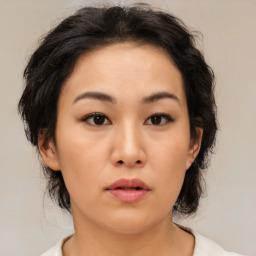 Neutral asian young-adult female with medium  brown hair and brown eyes