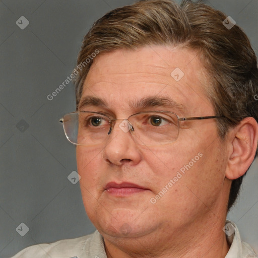 Neutral white middle-aged male with short  brown hair and brown eyes