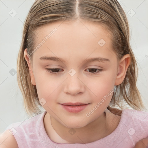 Joyful white child female with medium  brown hair and brown eyes