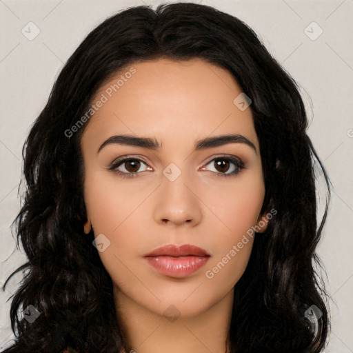 Neutral white young-adult female with long  black hair and brown eyes